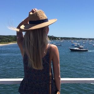 Straw Summer Hat w/ Navy Ribbon